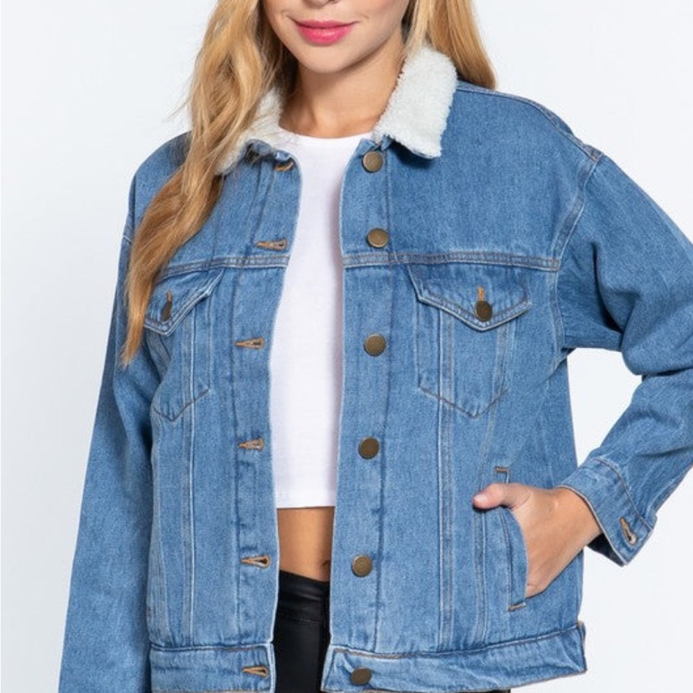 Women's Blue Denim Jacket with White Collar